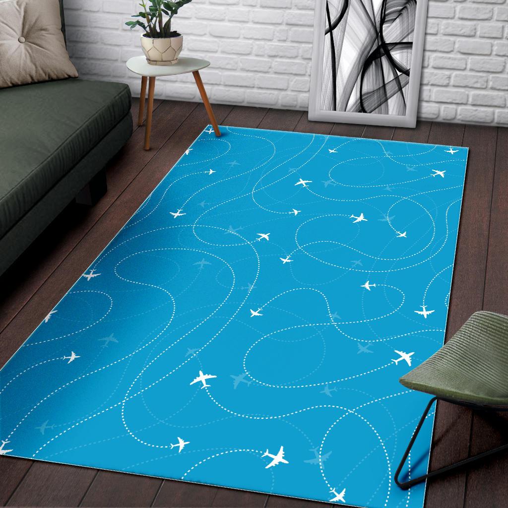 Airplane destinations blue background Area Rug