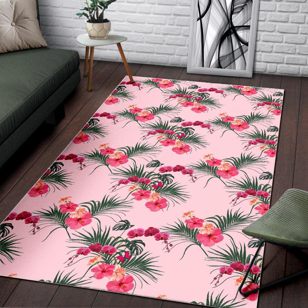 Red Pink Orchid Hibiscus Pattern Area Rug