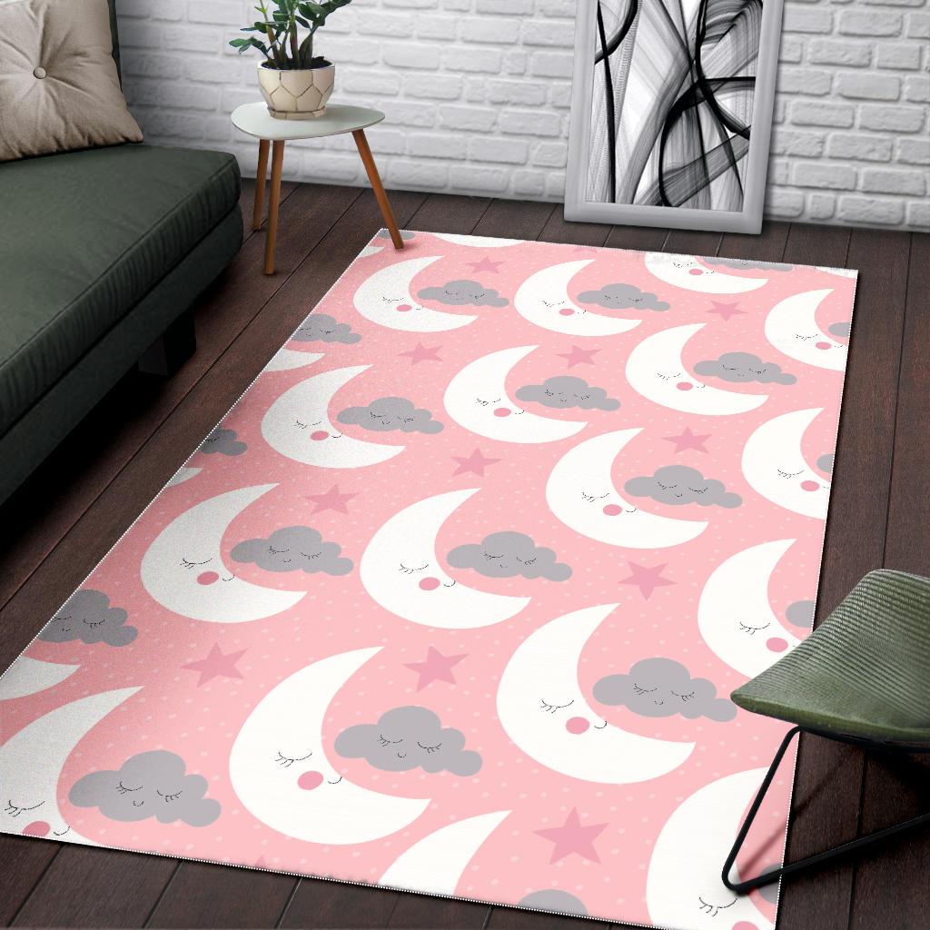 Cute moon cloud star pattern pink dot background Area Rug