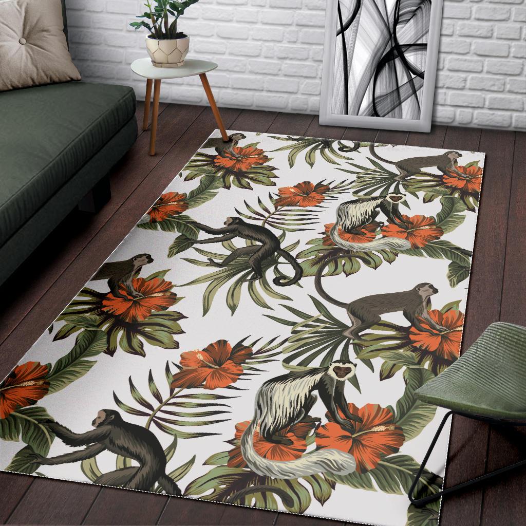 Monkey red hibiscus flower palm leaves floral pattern Area Rug
