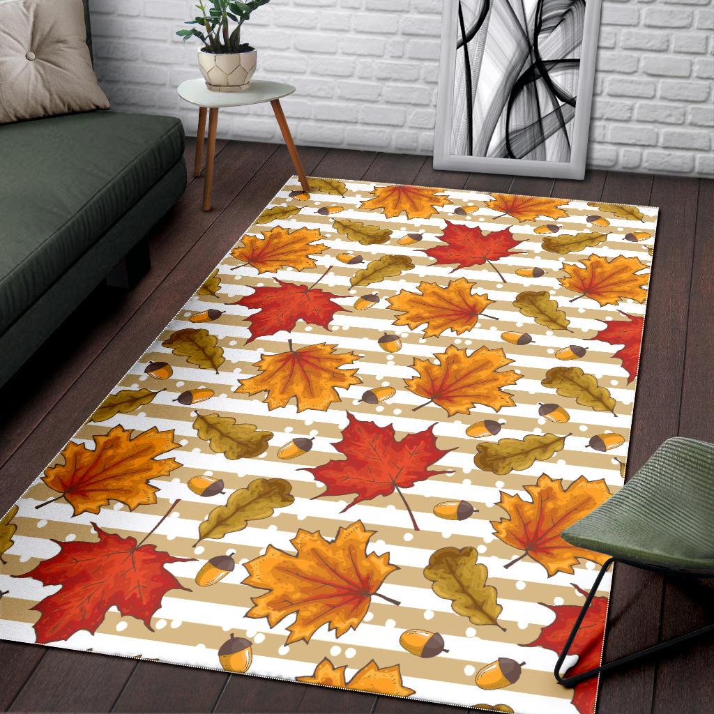 Maple leaf oak leaf acorns beige striped background Area Rug