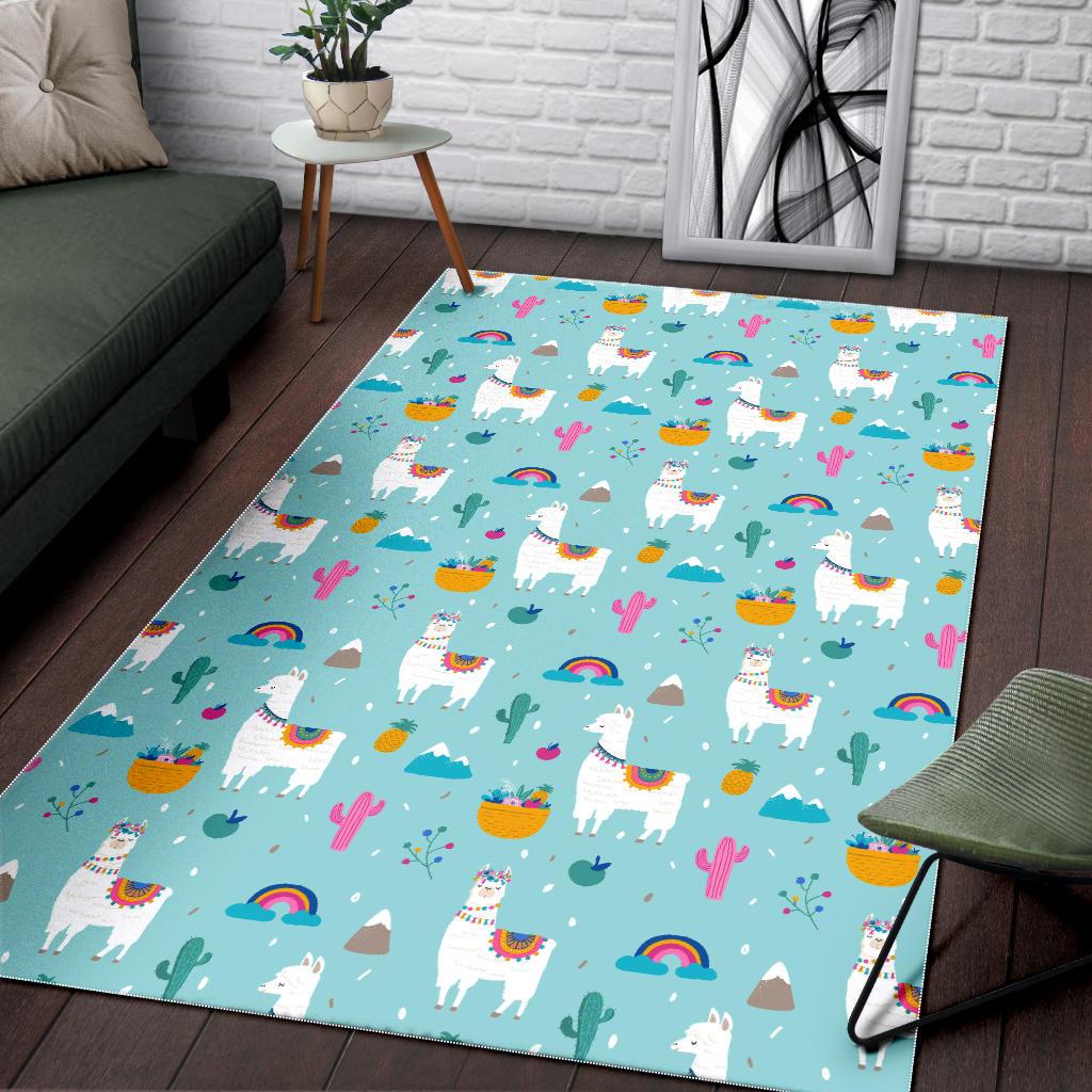 Llama alpaca cactus leaves pattern Area Rug
