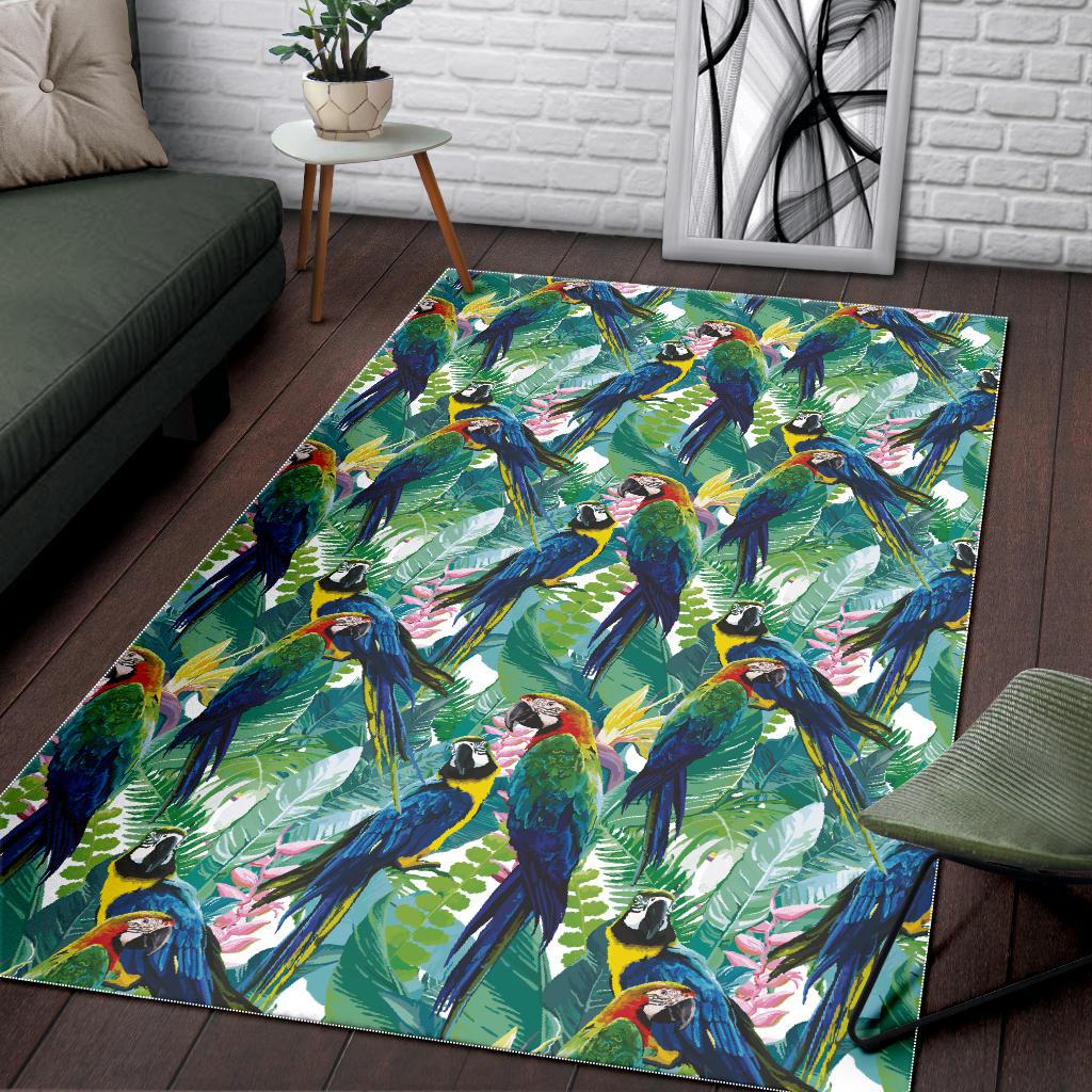 Colorful parrot exotic flower leaves Area Rug