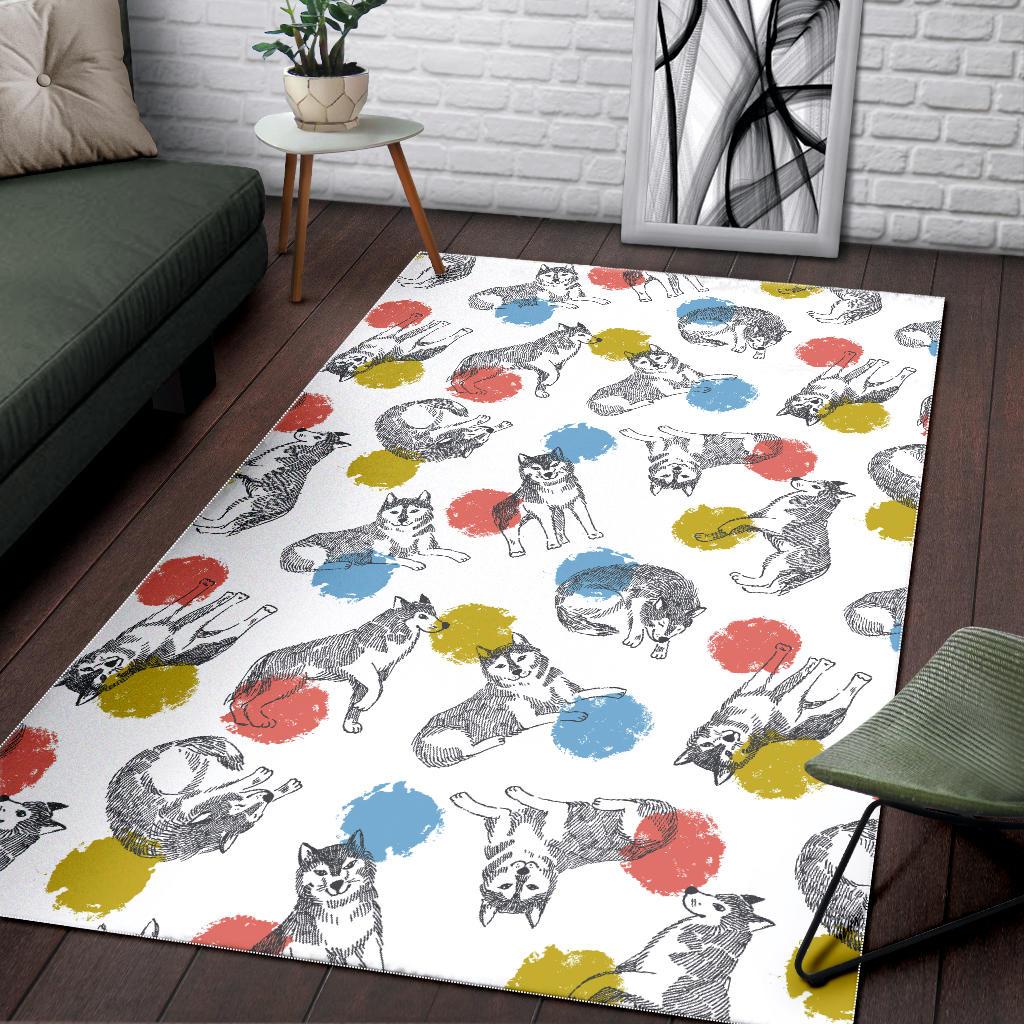 Siberian husky and colorful circle pattern Area Rug