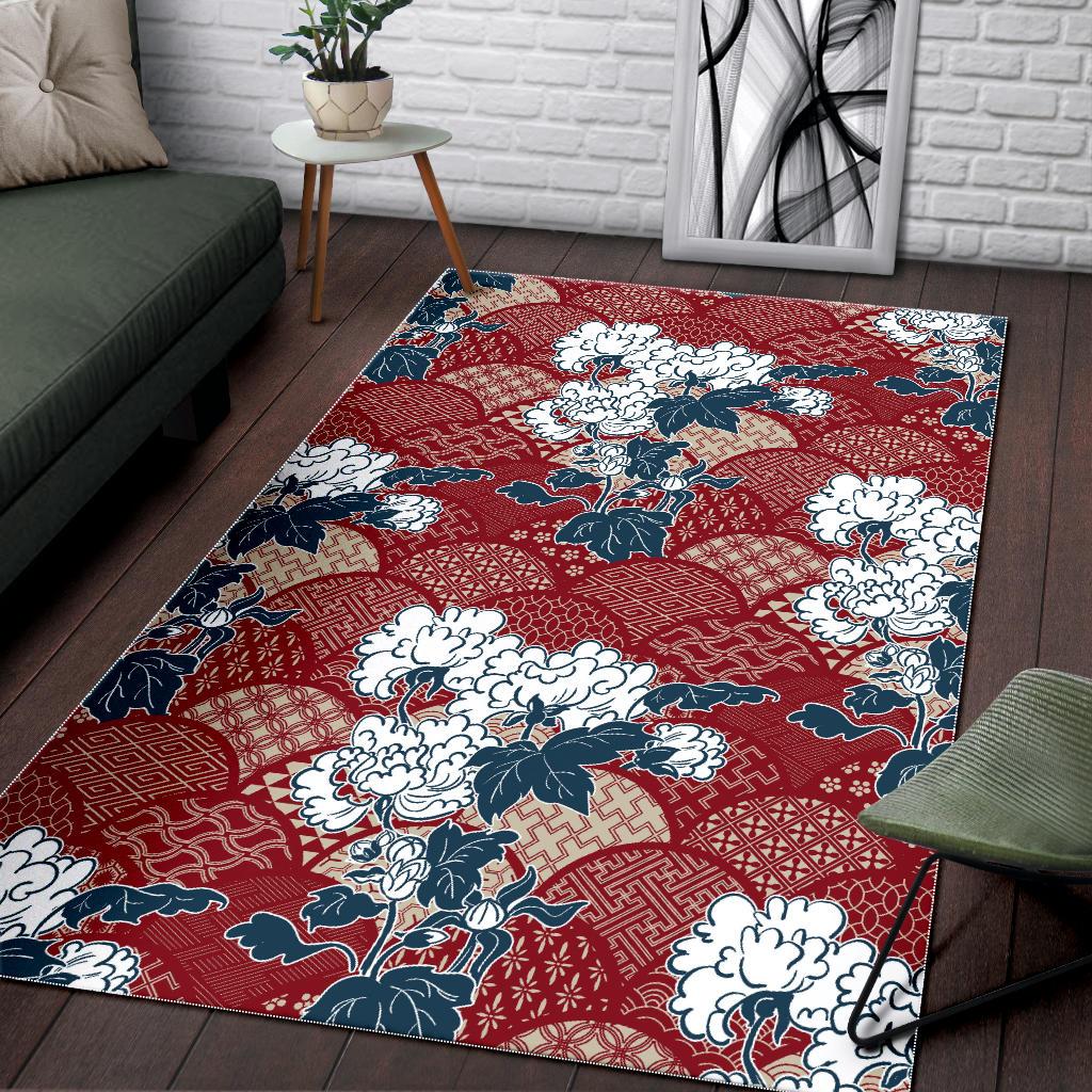 Red Theme Japanese Pattern Area Rug