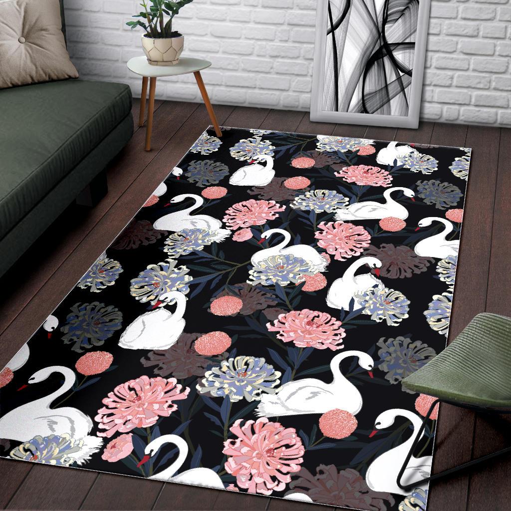 white swan blooming flower pattern Area Rug