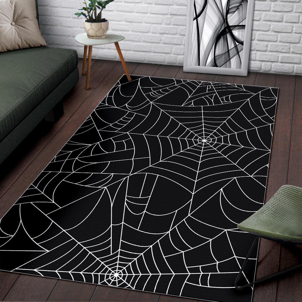 Spider web pattern Black background white cobweb Area Rug