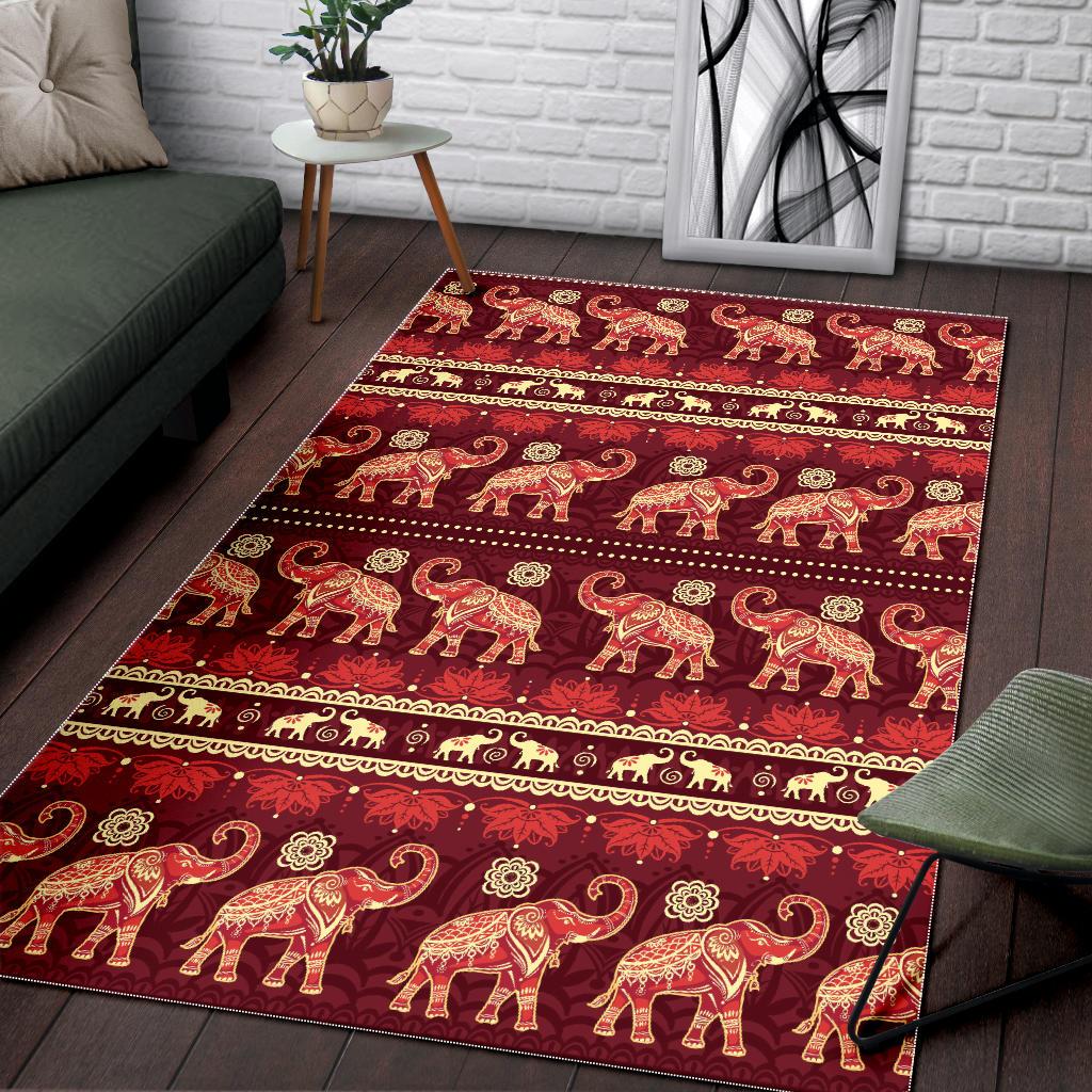 Elephant Red Pattern Ethnic Motifs Area Rug