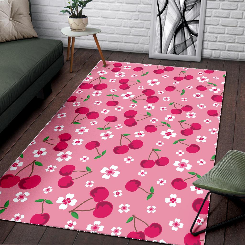 cherry flower pattern pink background Area Rug