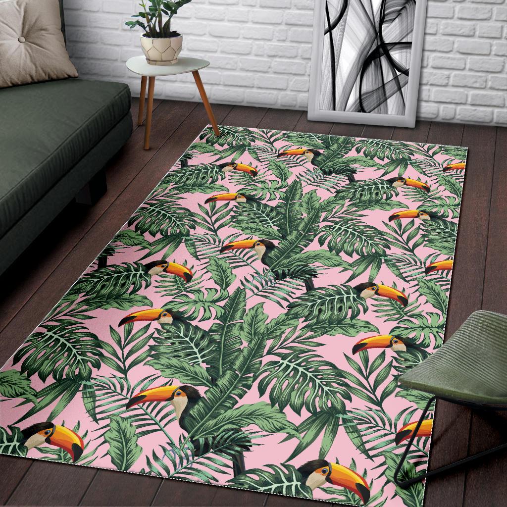 Toucan tropical green jungle palm pattern Area Rug