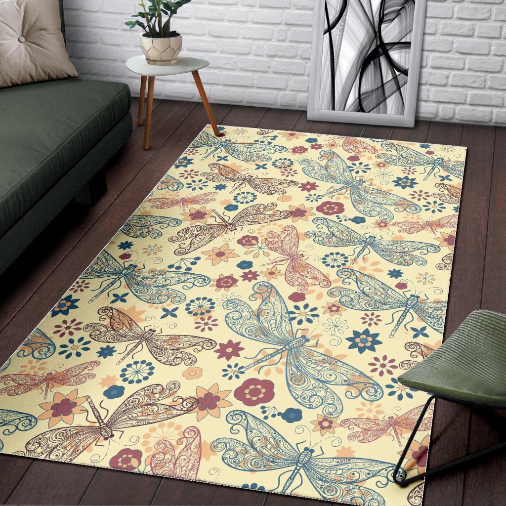 Dragonfly Flower Pattern Area Rug