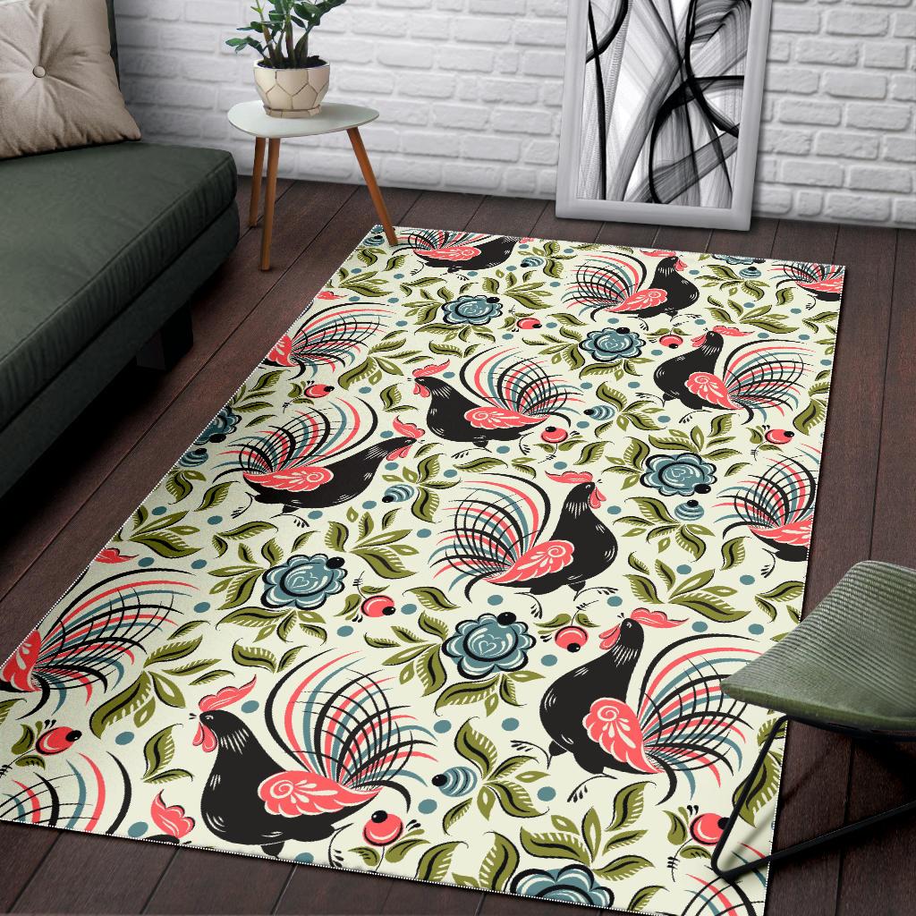 Rooster Chicken Leaves Pattern Area Rug