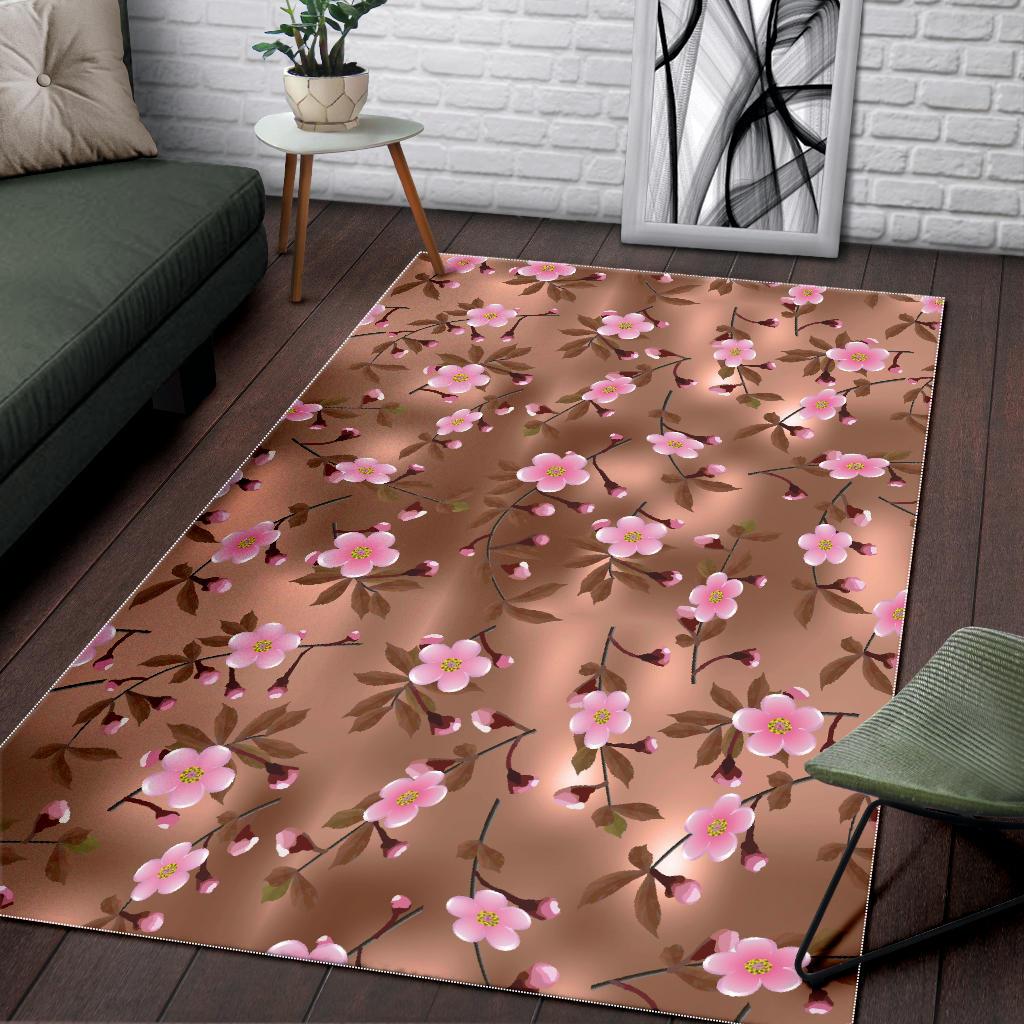 Pink sakura cherry blossom drak brown background Area Rug