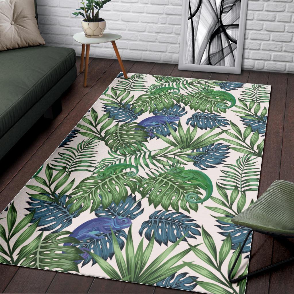 Green Blue Chameleon Lizard Leaves Pattern Area Rug