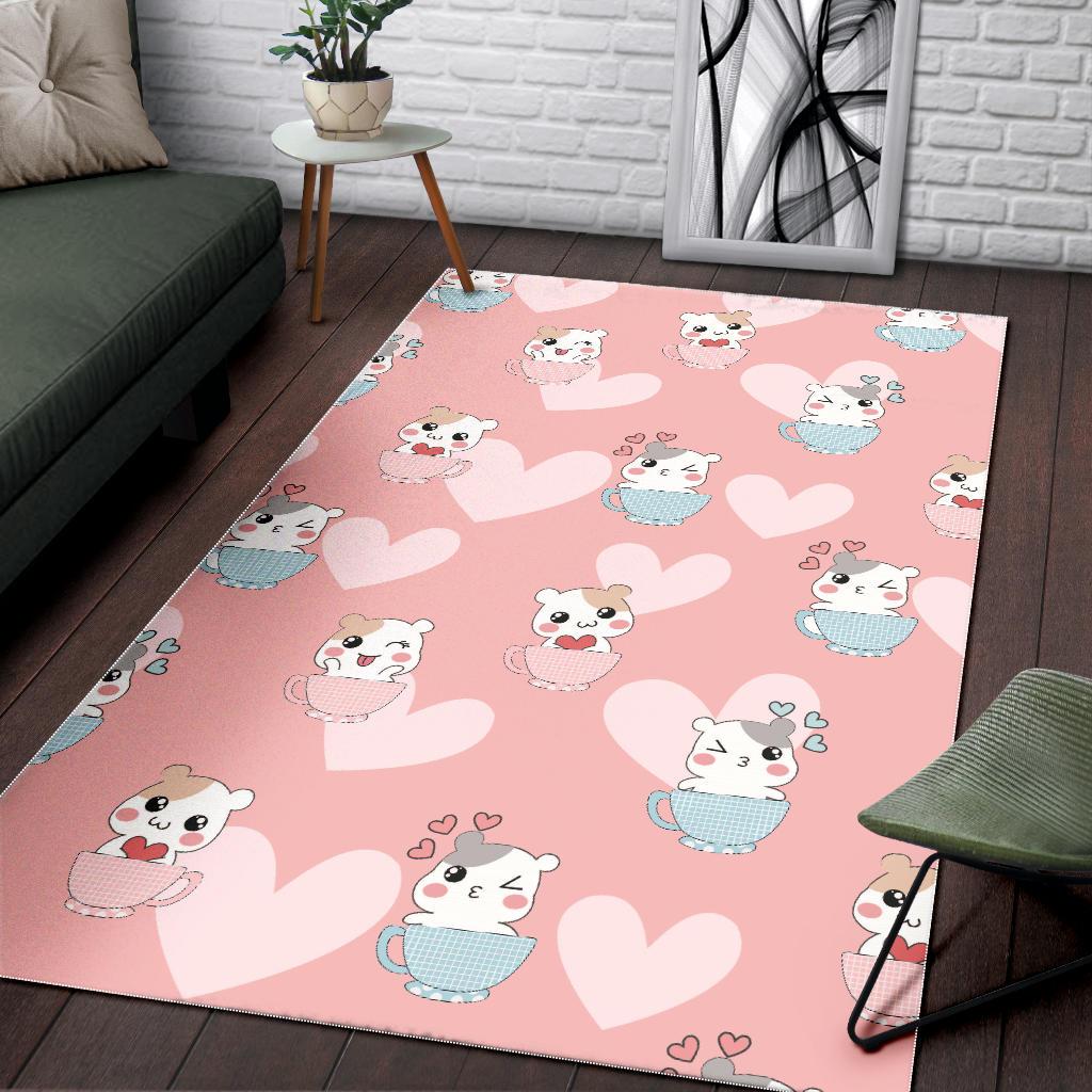 Hamster in Cup Heart Pattern Area Rug