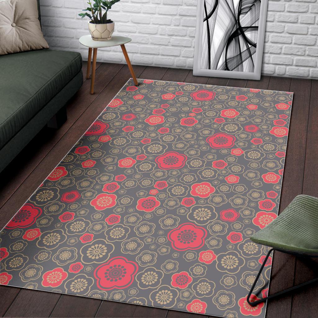 Red gold Sakura cherry blossom gray background Area Rug