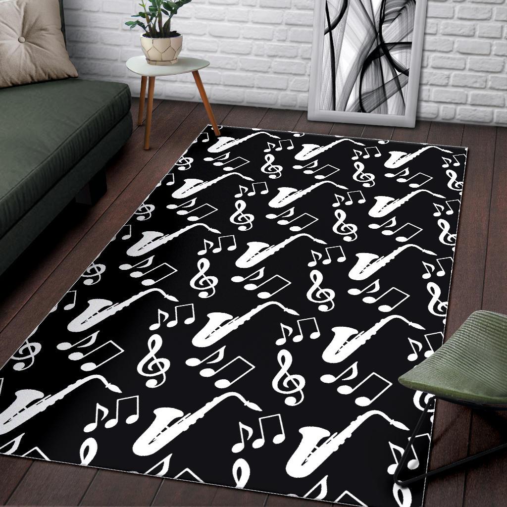 Saxophone music notes treble clef black white theme Area Rug