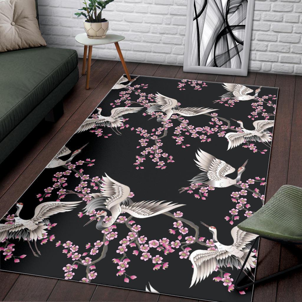 Japanese crane pink sakura pattern Area Rug