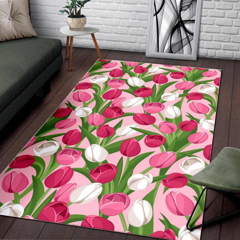 Pink White Tulip Pattern Area Rug