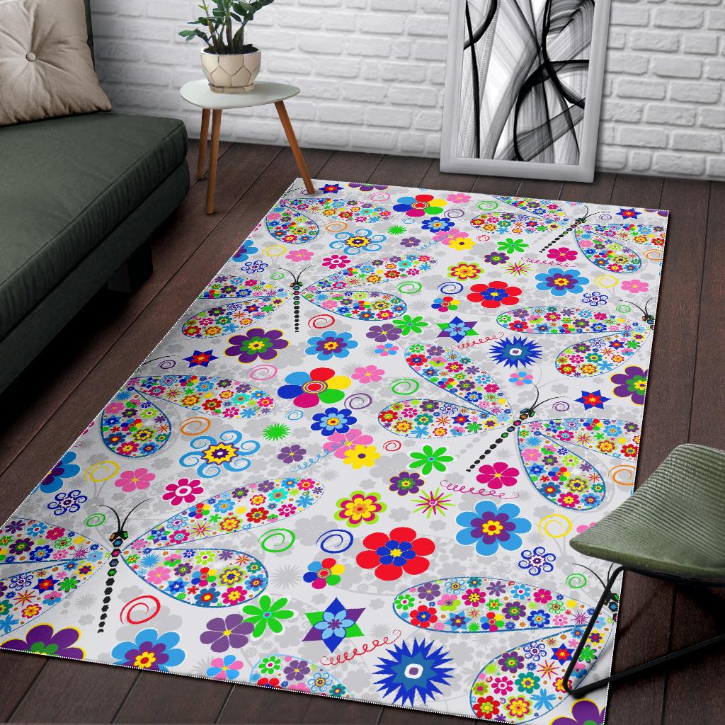 Dragonfly Color Flower Pattern Area Rug