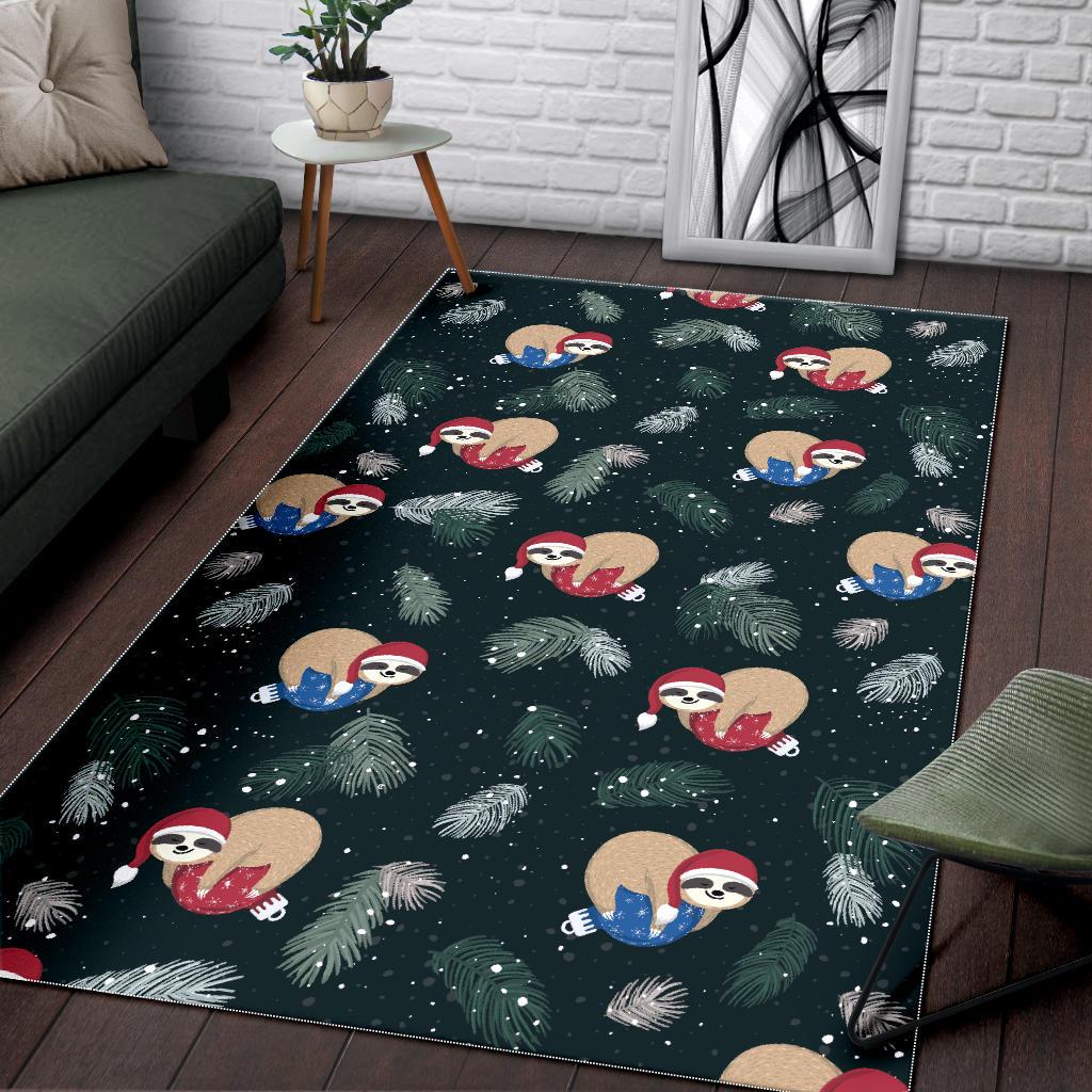 Cute sloths sleeping christmas ball santa hat pattern Area Rug