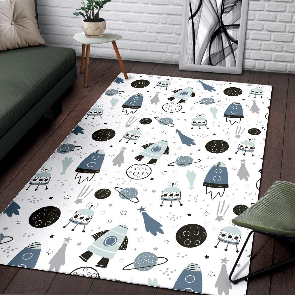 Hand drawn space elements space rocket star planet space probe Area Rug