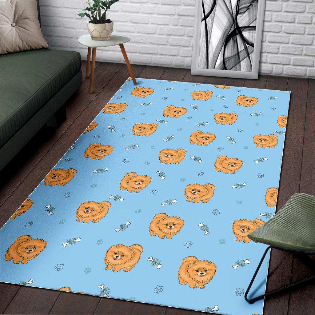 Brown cute pomeranian blue blackground Area Rug