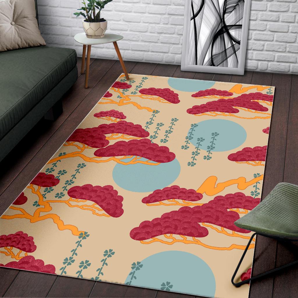 Red Bonsai gray sun japanese pattern Area Rug