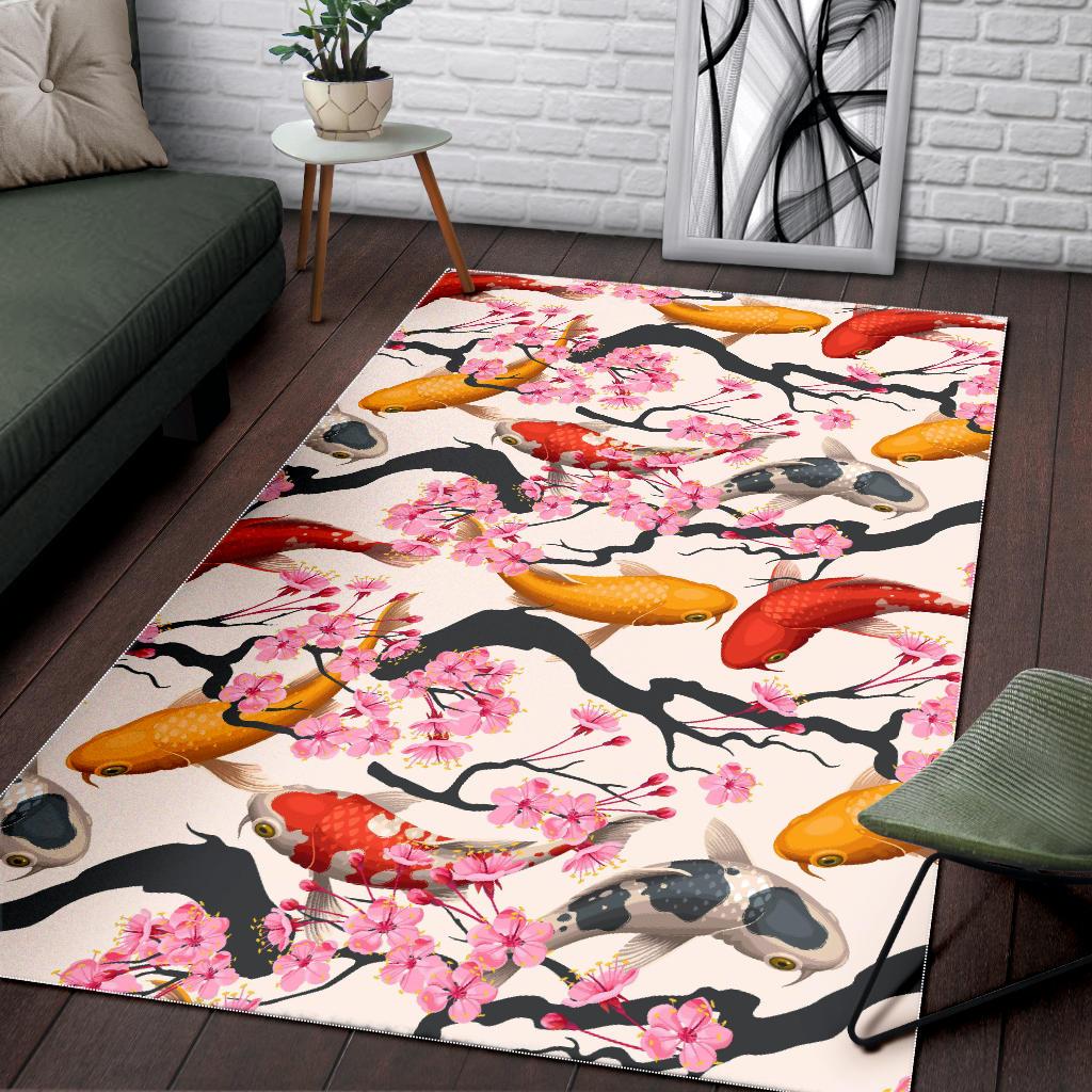 Colorful Koi Fish Carp Fish and Sakura Pattern Area Rug