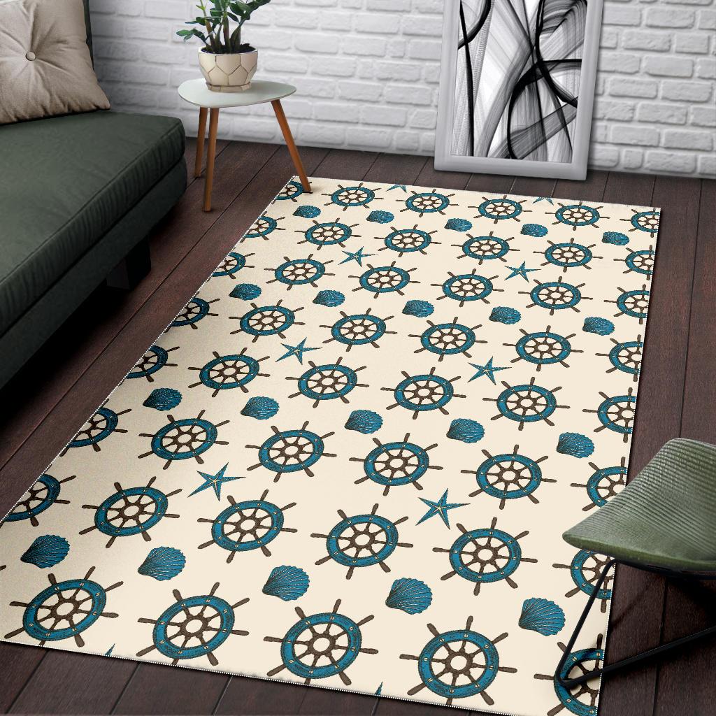 Nautical Steering Wheel Rudder Shell Pattern Area Rug