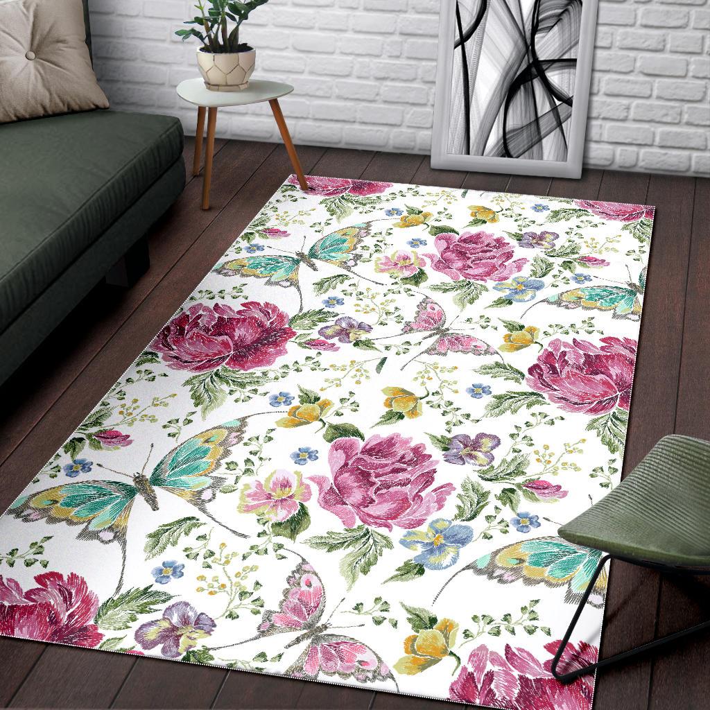 Hand drawn butterfly rose Area Rug