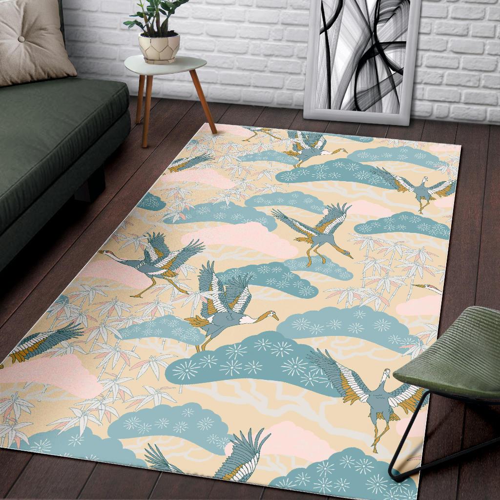Bonsai bamboo stork japanese pattern cream theme Area Rug