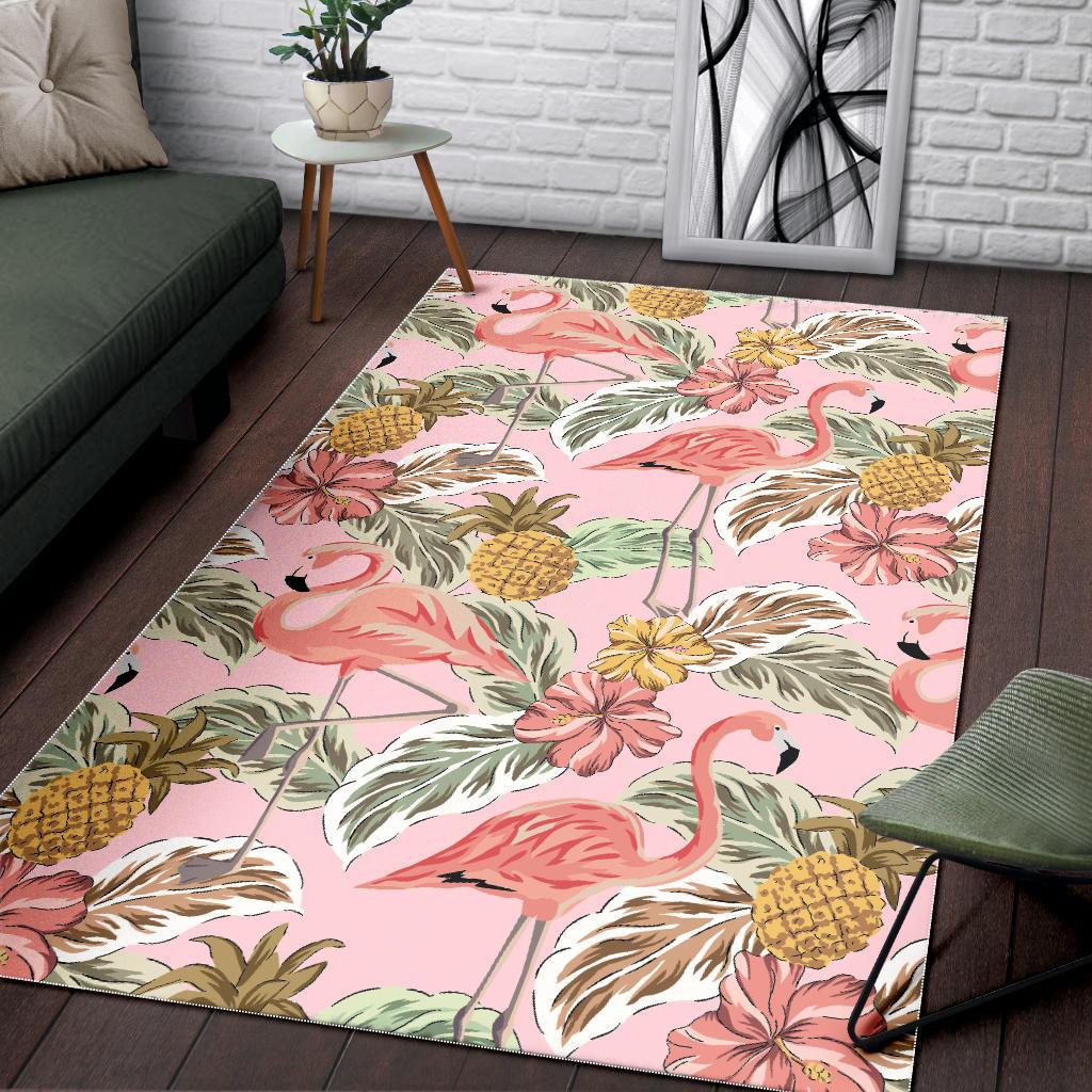 Pink flamingo birds pineapples hibiscus flower pattern Area Rug