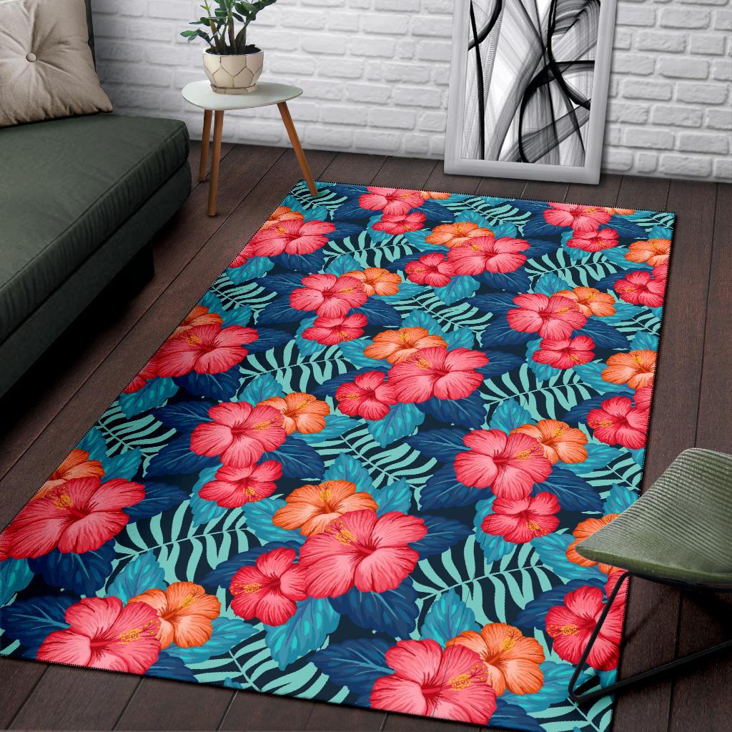 Red Hibiscus Pattern Print Design HB02 Area Rugs