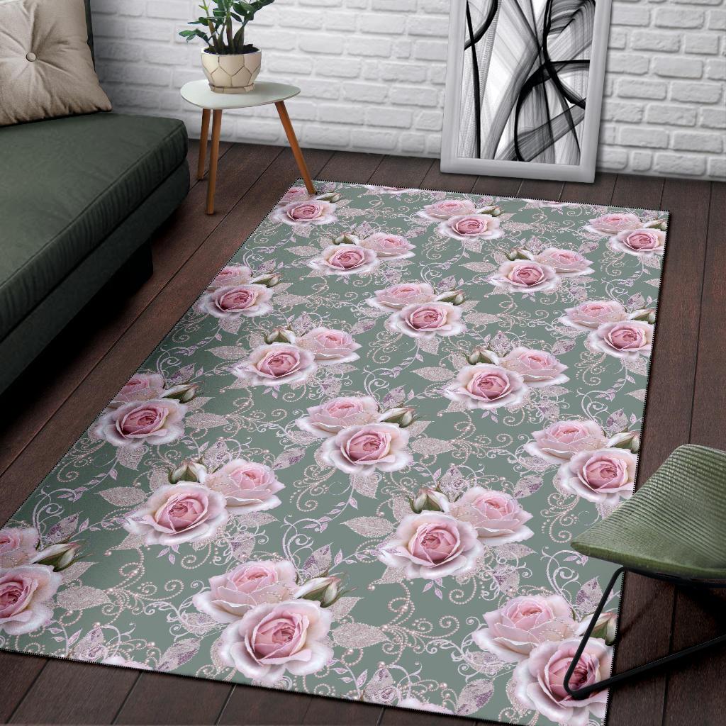 Rose White Pattern Print Design RO012 Area Rugs