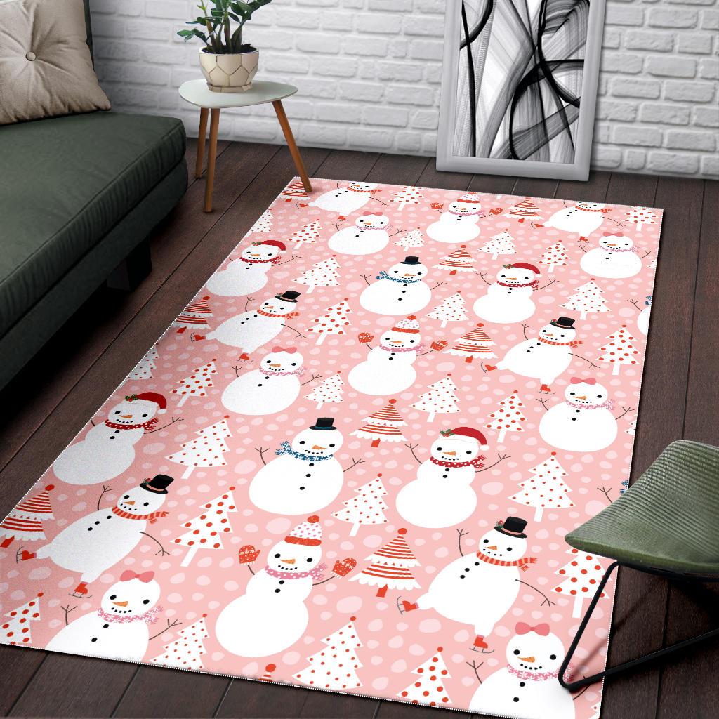 Cute snowman christmas tree snowpink background Area Rug