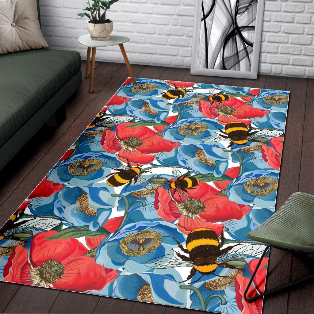 Bee Red and Blue Hibiscus Pattern Area Rug