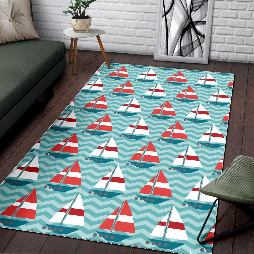 Red White sailboat wave background Area Rug