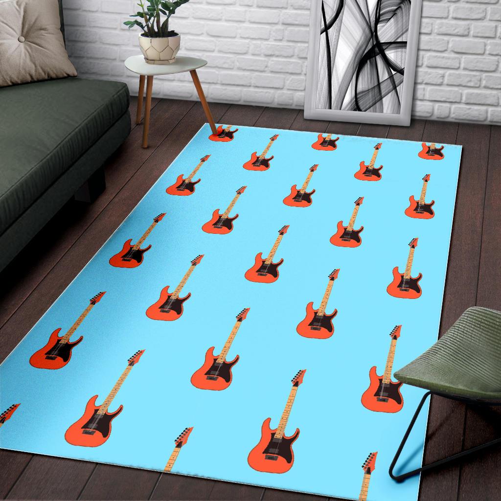 electric guitar pattern light blue background Area Rug