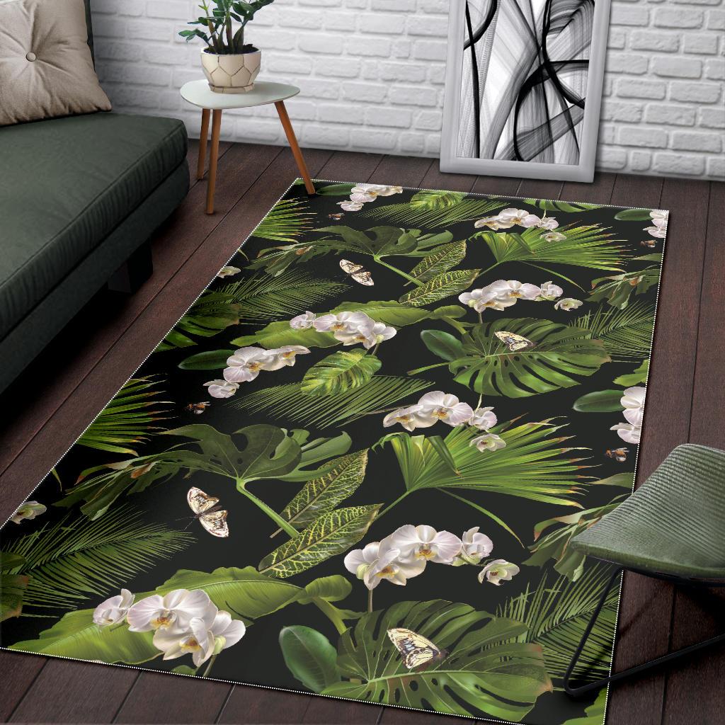 White orchid flower tropical leaves pattern blackground Area Rug