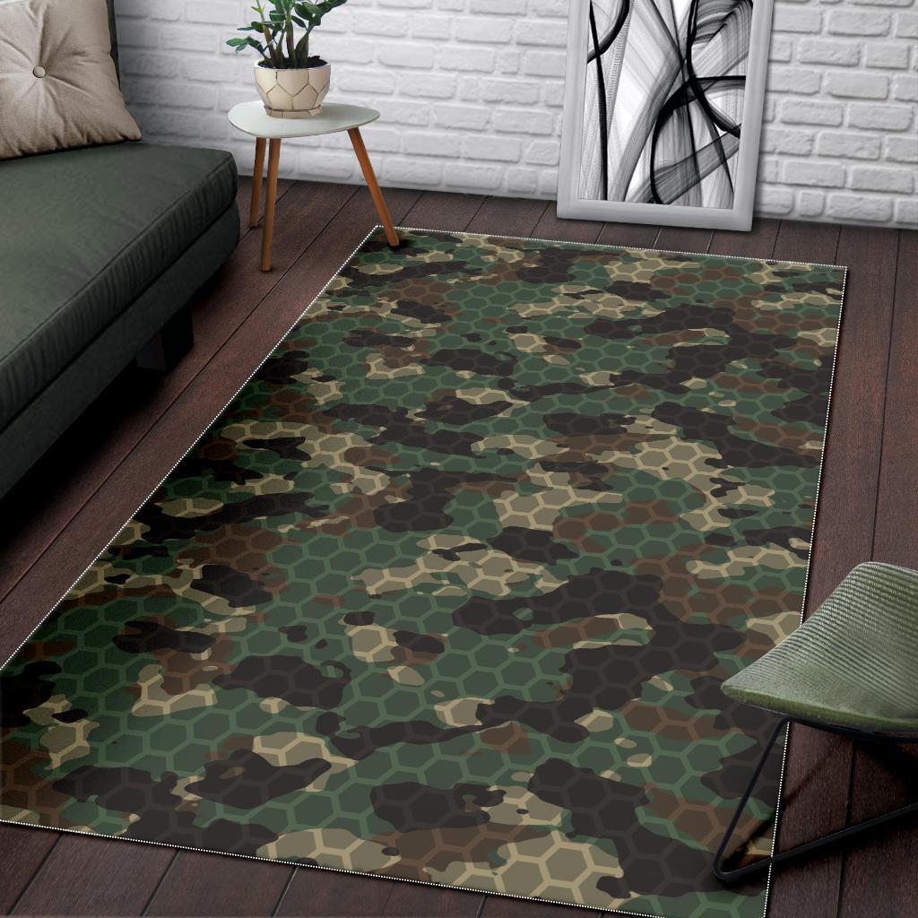 Green Camo Camouflage Honeycomb Pattern Area Rug