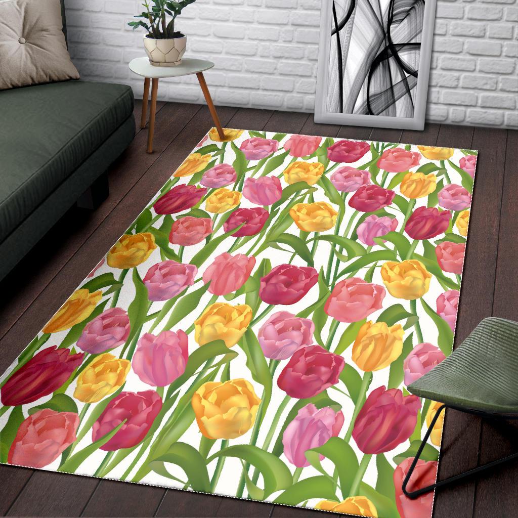 Pink Red Yellow Tulip Pattern Area Rug