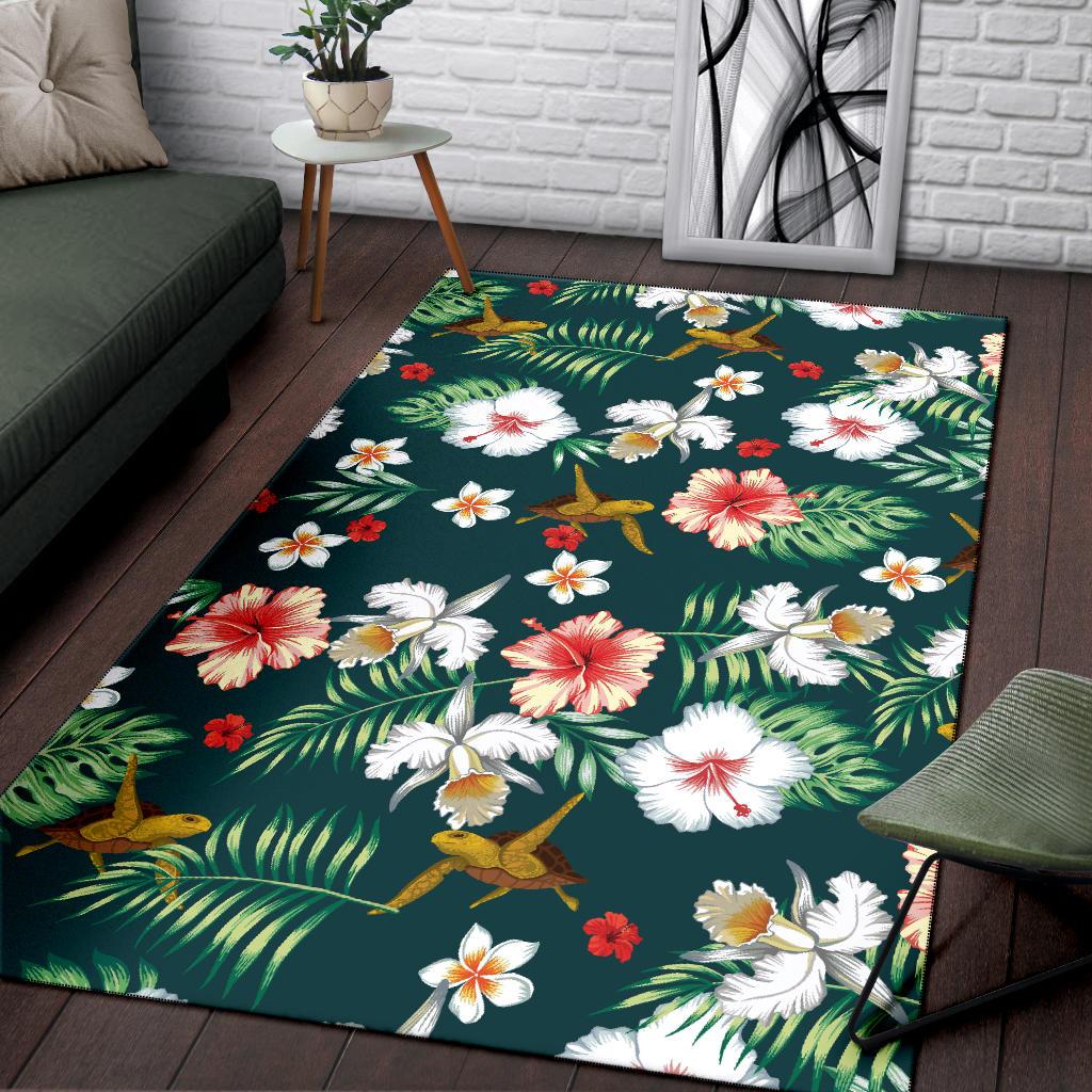 Hawaiian Flower Design with SeaTurtle Print Area Rugs