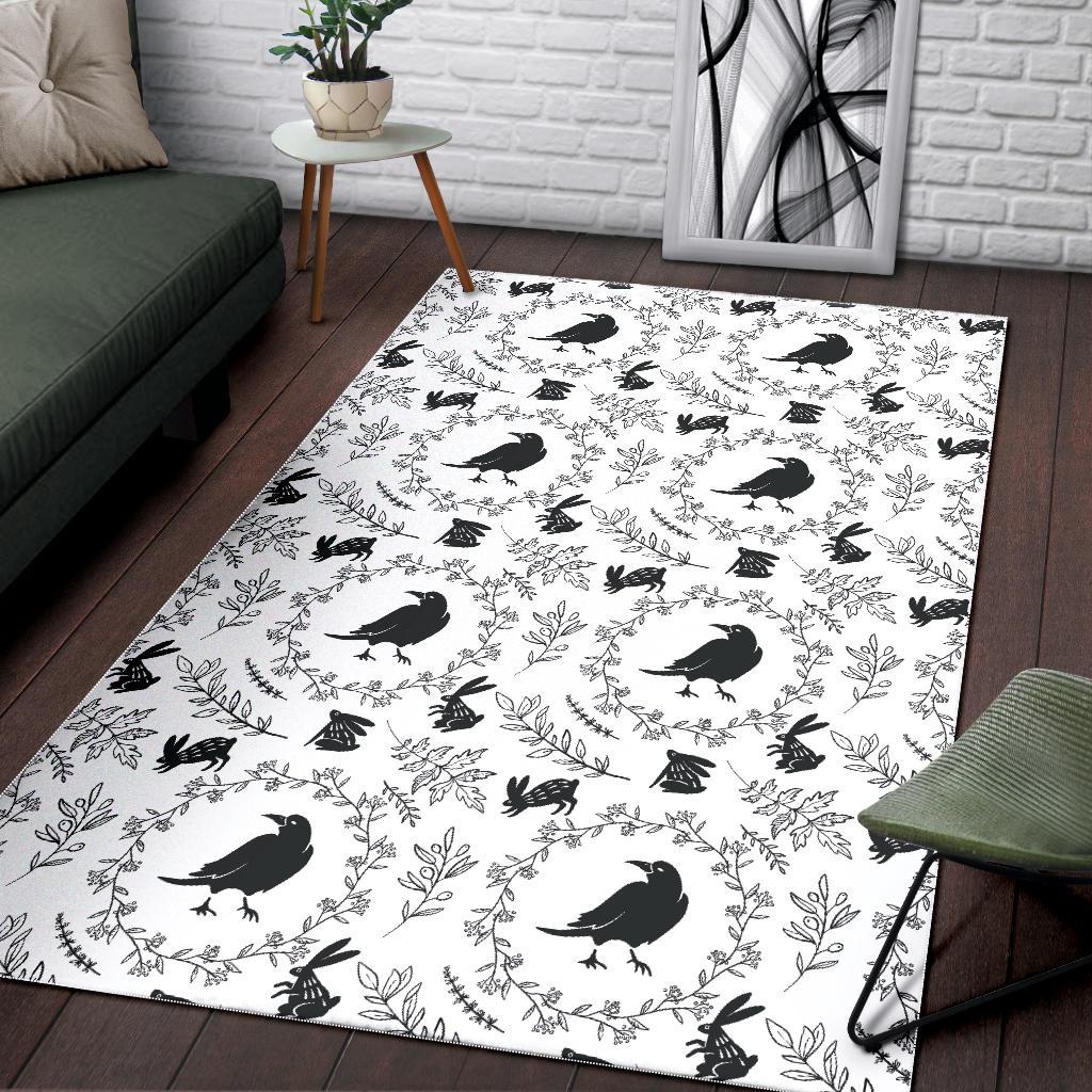 Crows floral wreath rabbit pattern Area Rug