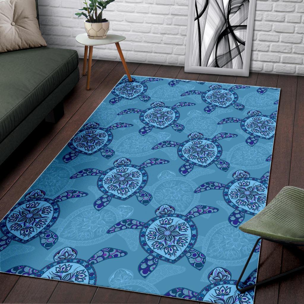 Sea Turtle Blue Tribal Pattern Area Rug