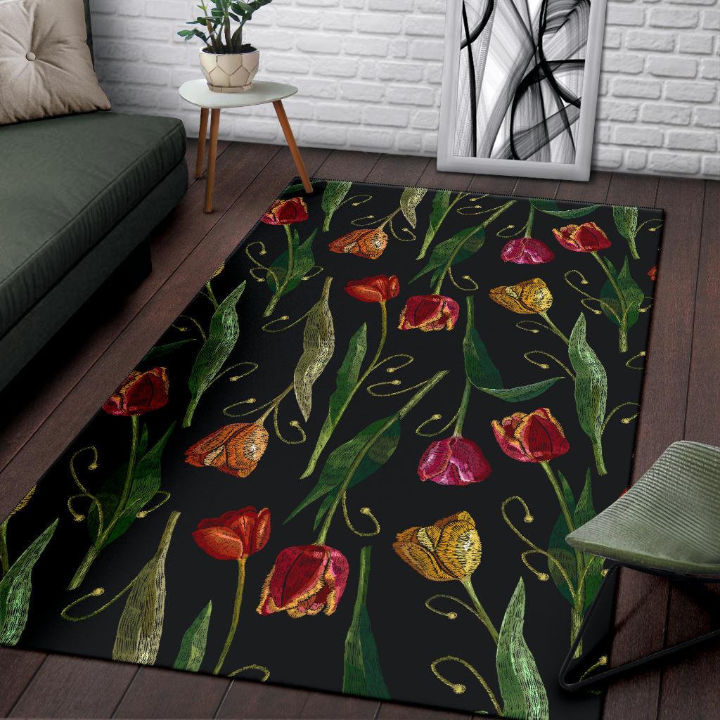 Tulip Embroidered Pattern Print Design TP01 Area Rugs