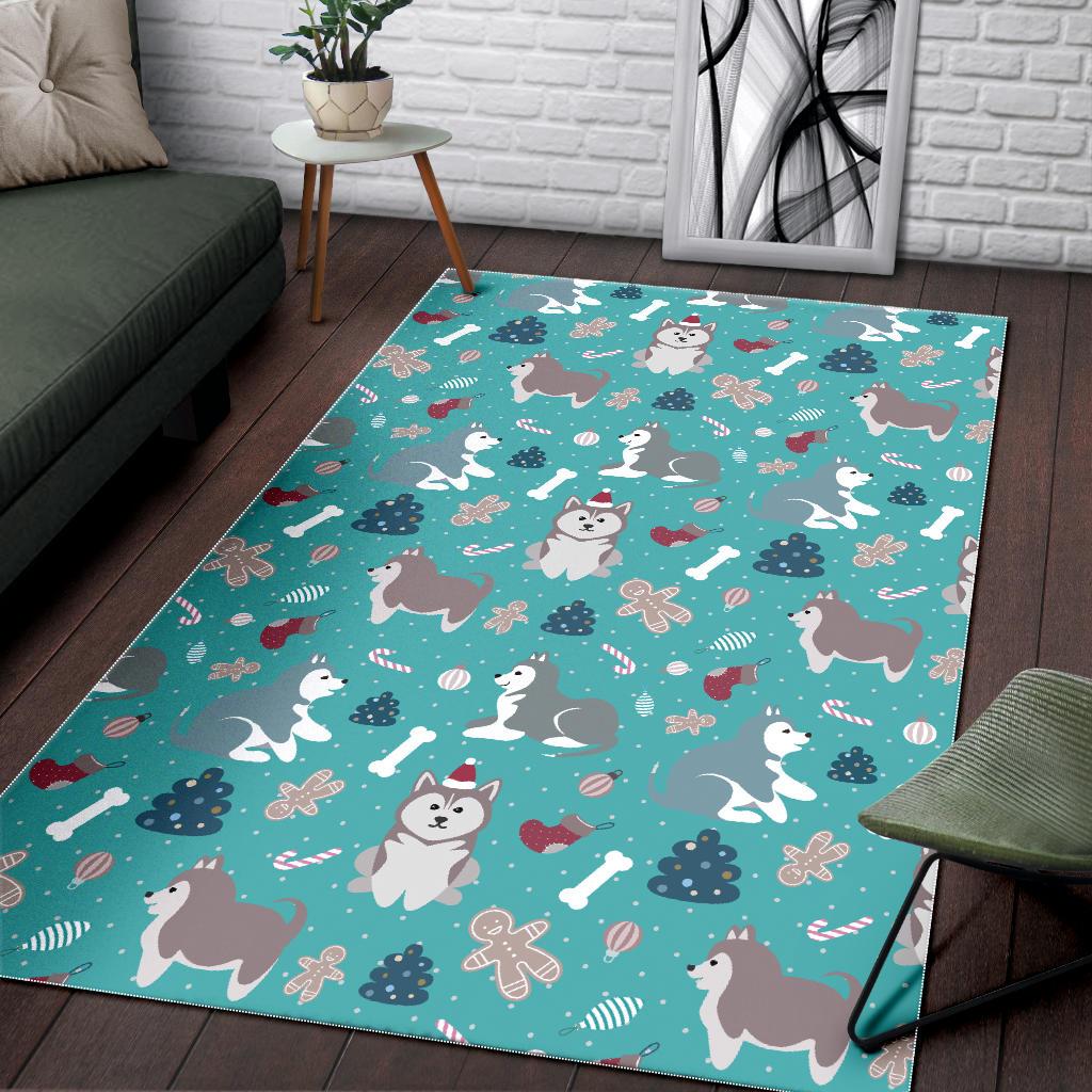 Christmas cute siberian husky puppie pattern Area Rug