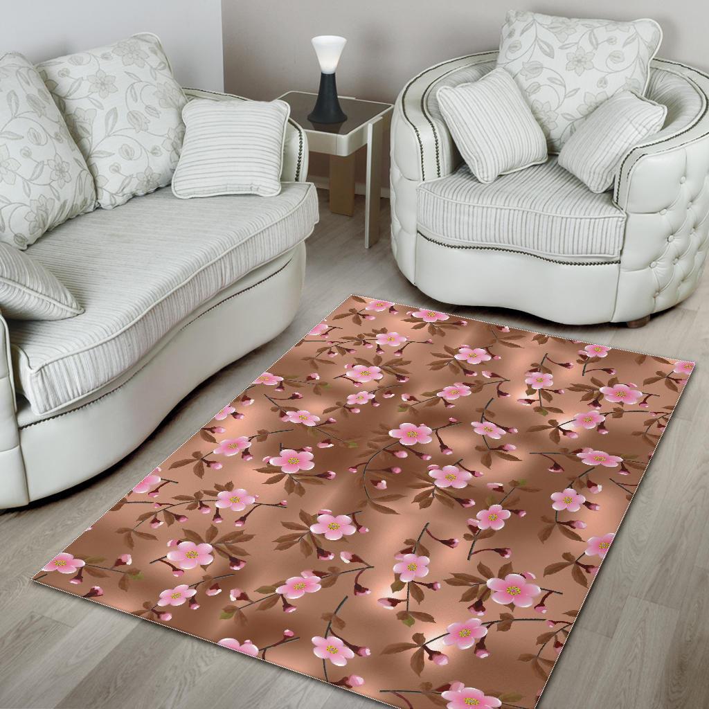 Pink sakura cherry blossom drak brown background Area Rug