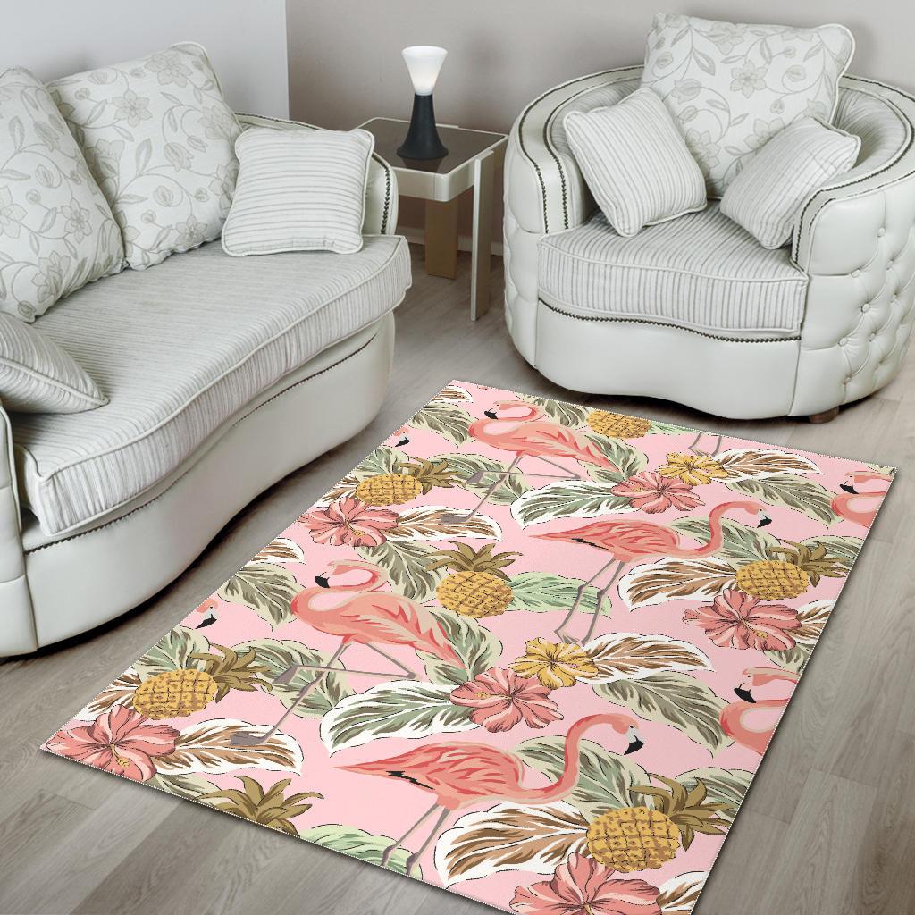 Pink flamingo birds pineapples hibiscus flower pattern Area Rug