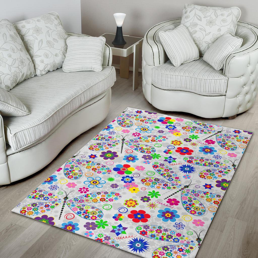 Dragonfly Color Flower Pattern Area Rug